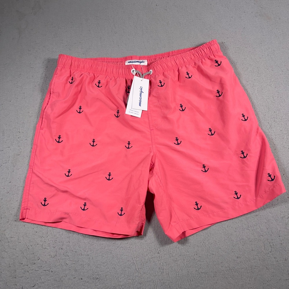 MaaMgic Swim Trunks Men XXL Anchor Print  Shorts Coral‎ Pink Beach Pool Summer